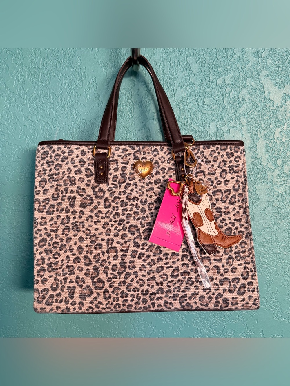 Betsey Johnson Leopard Print Tote with Brown Trim and Pink Tag